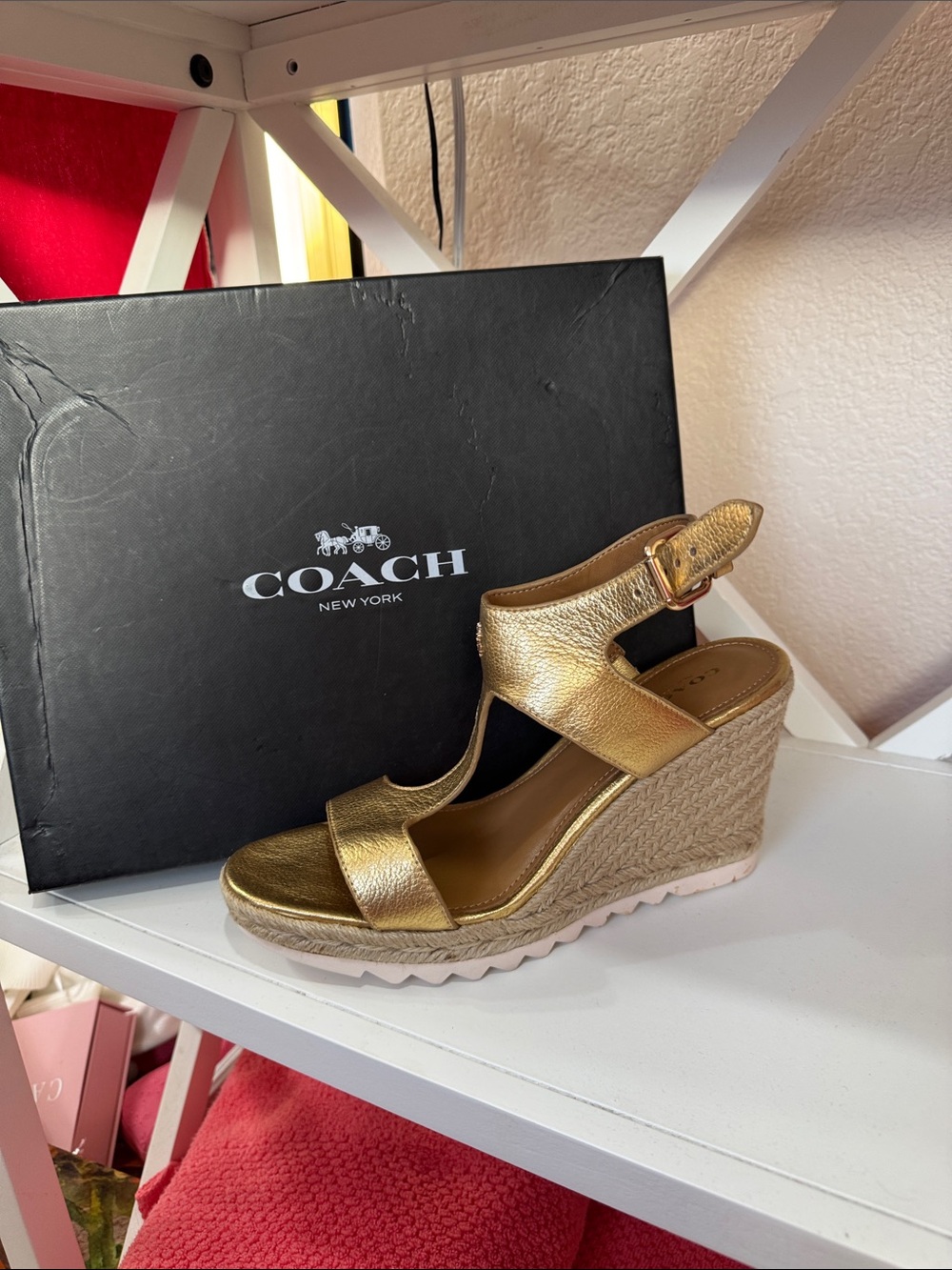 COACH Metallic Gold Leather Wedge Sandals